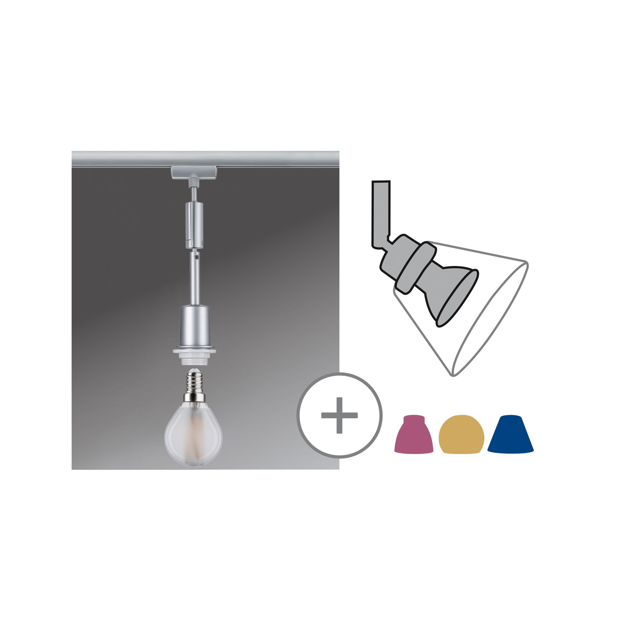 URail Pendels DecoSystems Basic E14 max. 20W dimbaar 230V Chroom mat Zilveren railschijnwerper met lamp en verwisselbare rode, gele en blauwe lampenkappen