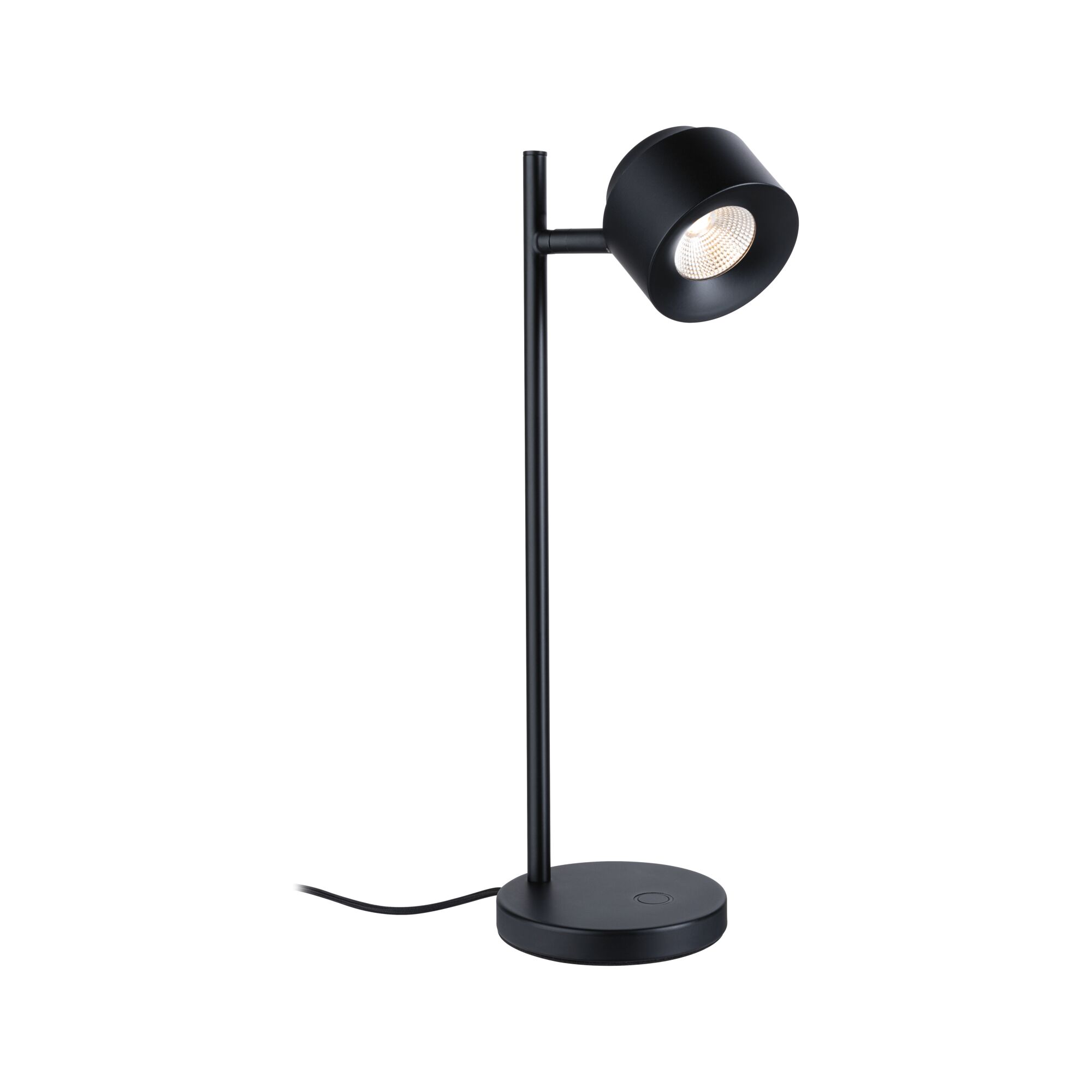 Lampe de bureau LED noire en métal avec base ronde et tête réglable pour un éclairage d'accentuation