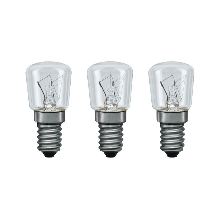 Zestaw Żarówka Lampa piekarnika 300° E14 E14 230V 3x85lm 3x15W 2300K ściemnialny Przezroczysty Three small clear glass bulbs with metal screw base for household lighting use.
