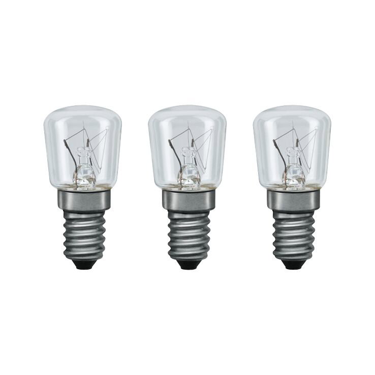 Kit Ampoule à incandescence Lampe de four 300° E14 230V 3x85lm 3x15W 2300K gradable Clair Trois petites ampoules en verre transparent avec culot métallique pour éclairage domestique.