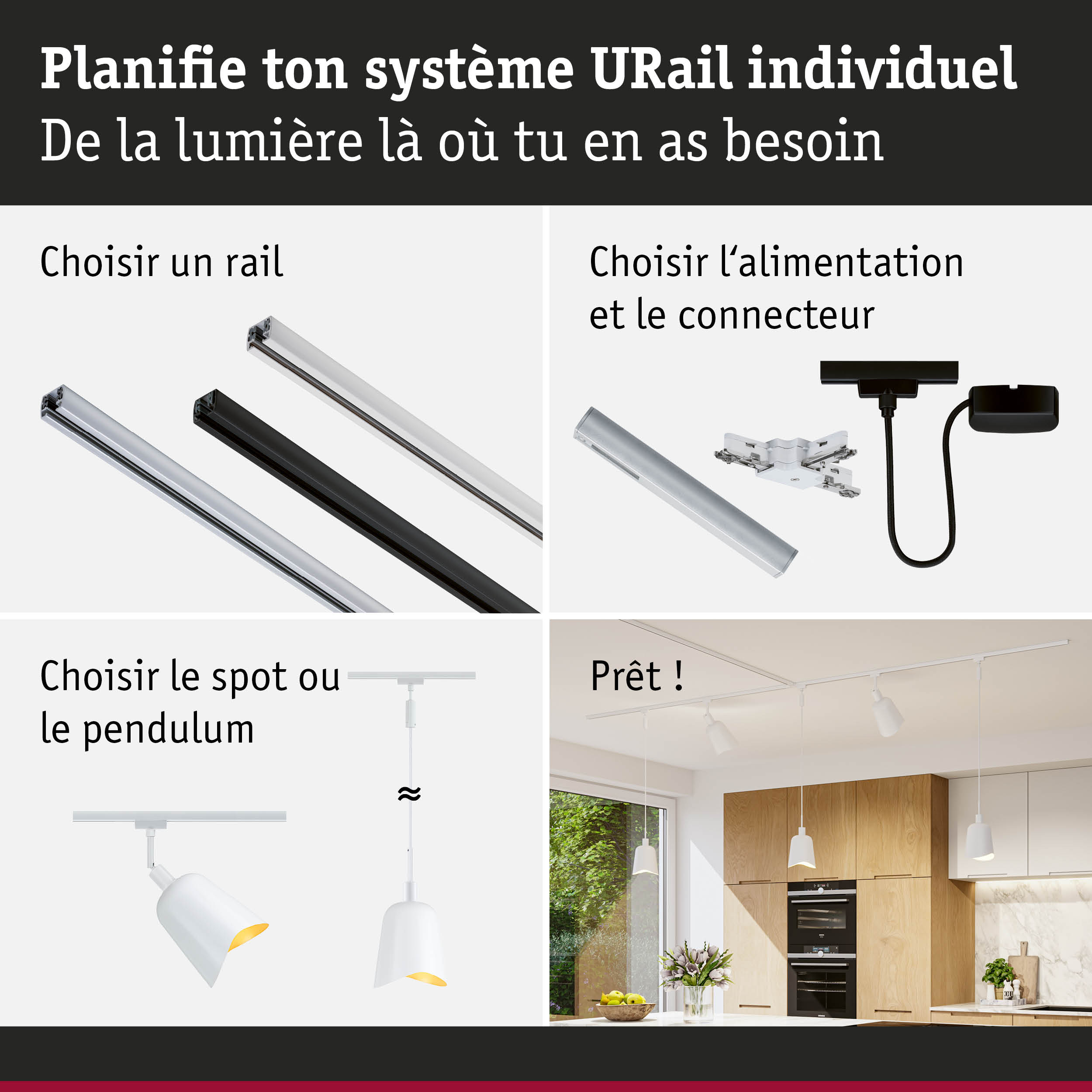 Guide étape par étape pour système URail avec rails en aluminium noirs et blancs pour éclairage