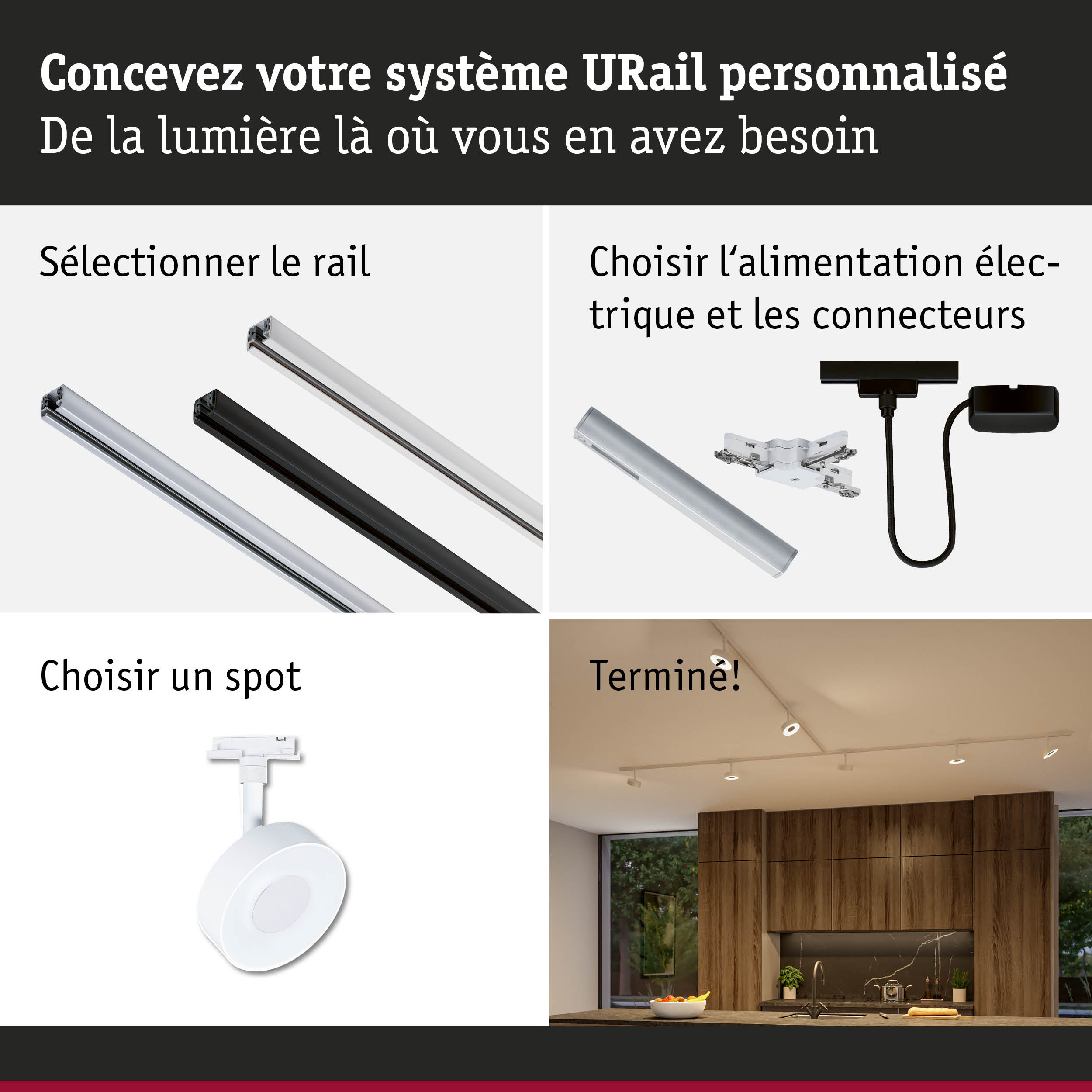 Système de rail URail modulaire noir et blanc avec spots LED pour un éclairage personnalisé