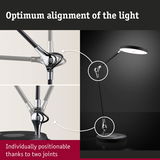 Black LED desk lamp with two adjustable joints and chrome connectors for flexible lighting and positioning