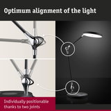 Black LED desk lamp with two adjustable joints and chrome connectors for flexible lighting and positioning