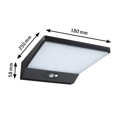 Schwarze LED-Wandleuchte mit Bewegungsmelder und weißem Diffusor, Maße 250x180x58 mm, moderne Außenbeleuchtung