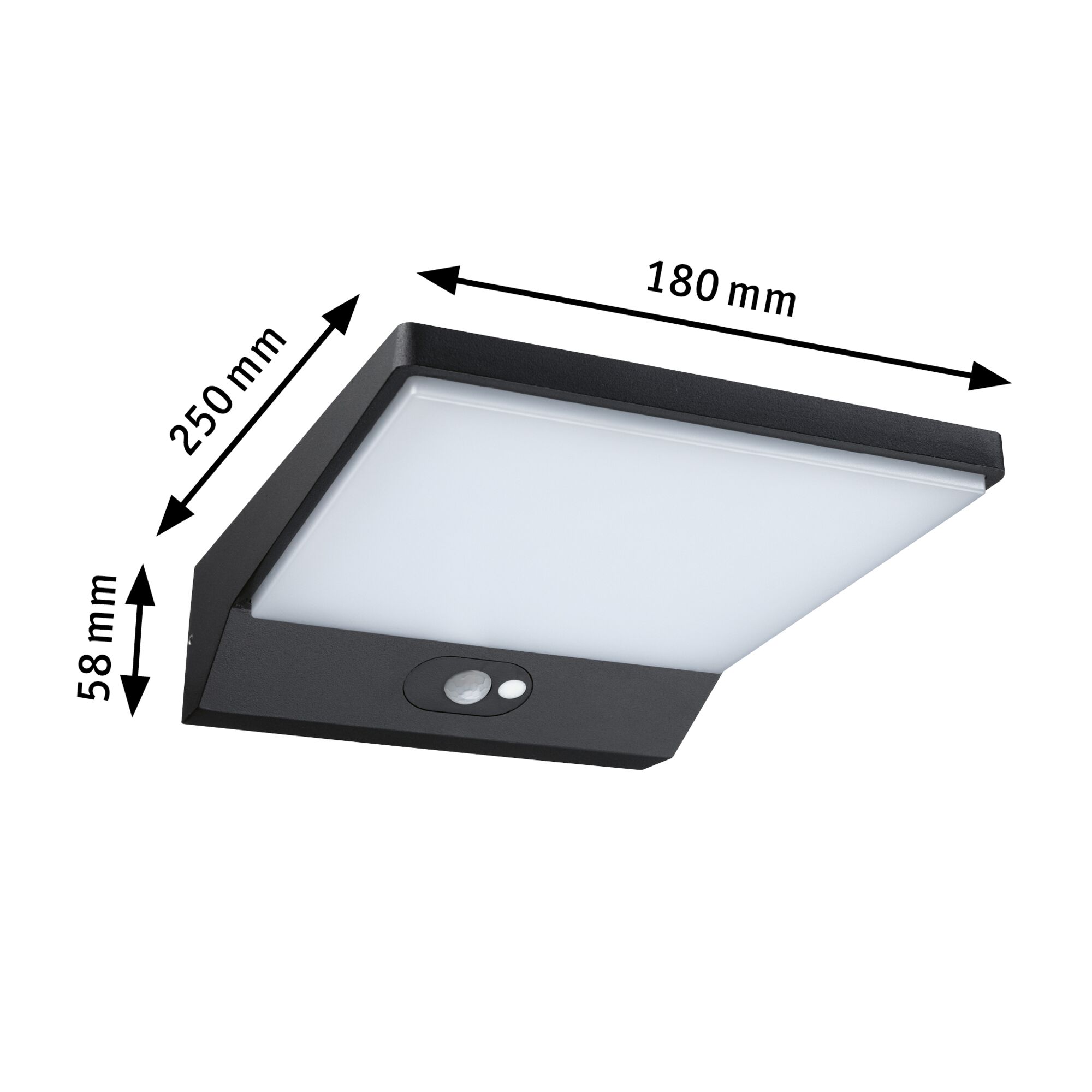 Schwarze LED-Wandleuchte mit Bewegungsmelder und weißem Diffusor, Maße 250x180x58 mm