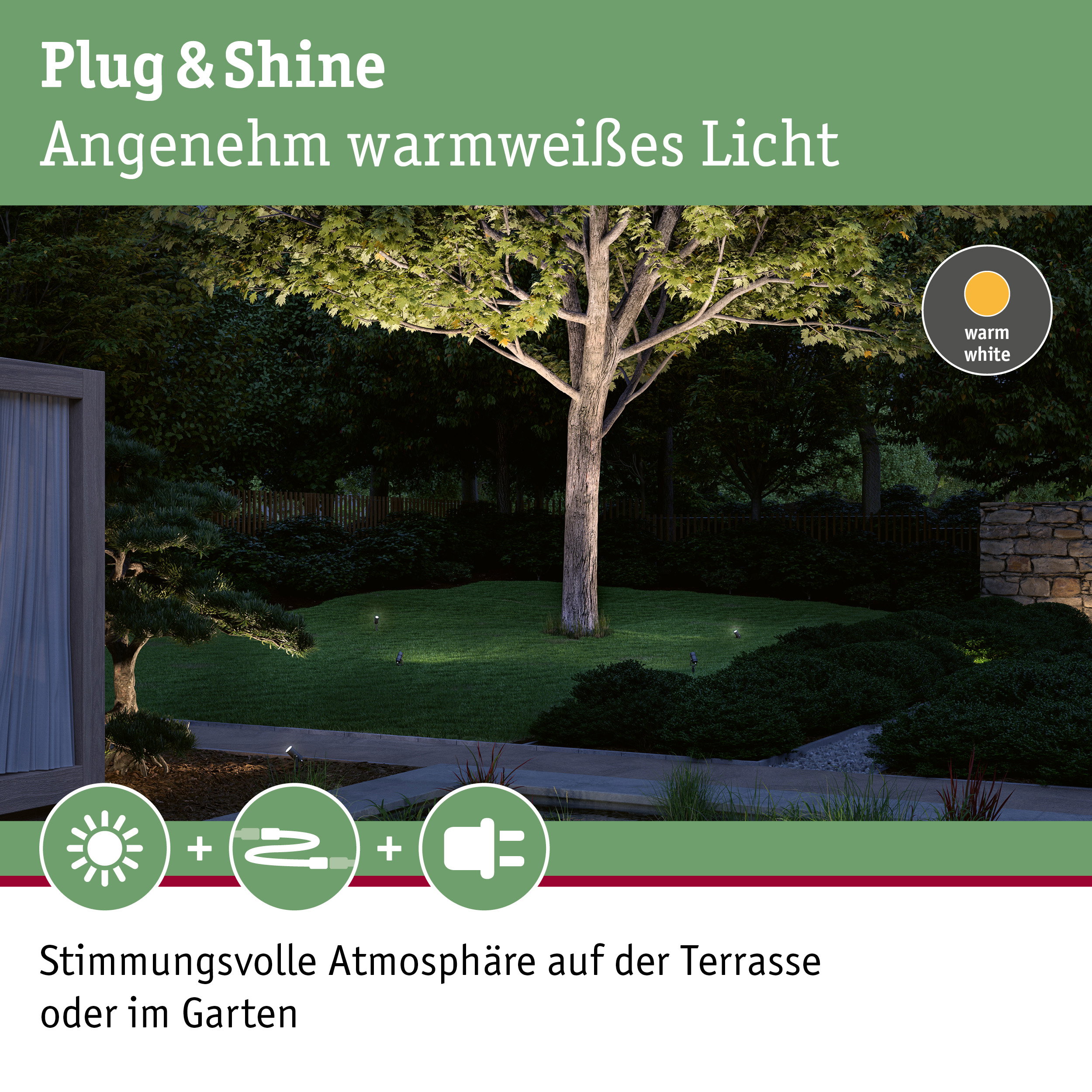 Garten mit Baum beleuchtet von warmweißem Plug & Shine LED-Außenlicht für stimmungsvolle Terrasse