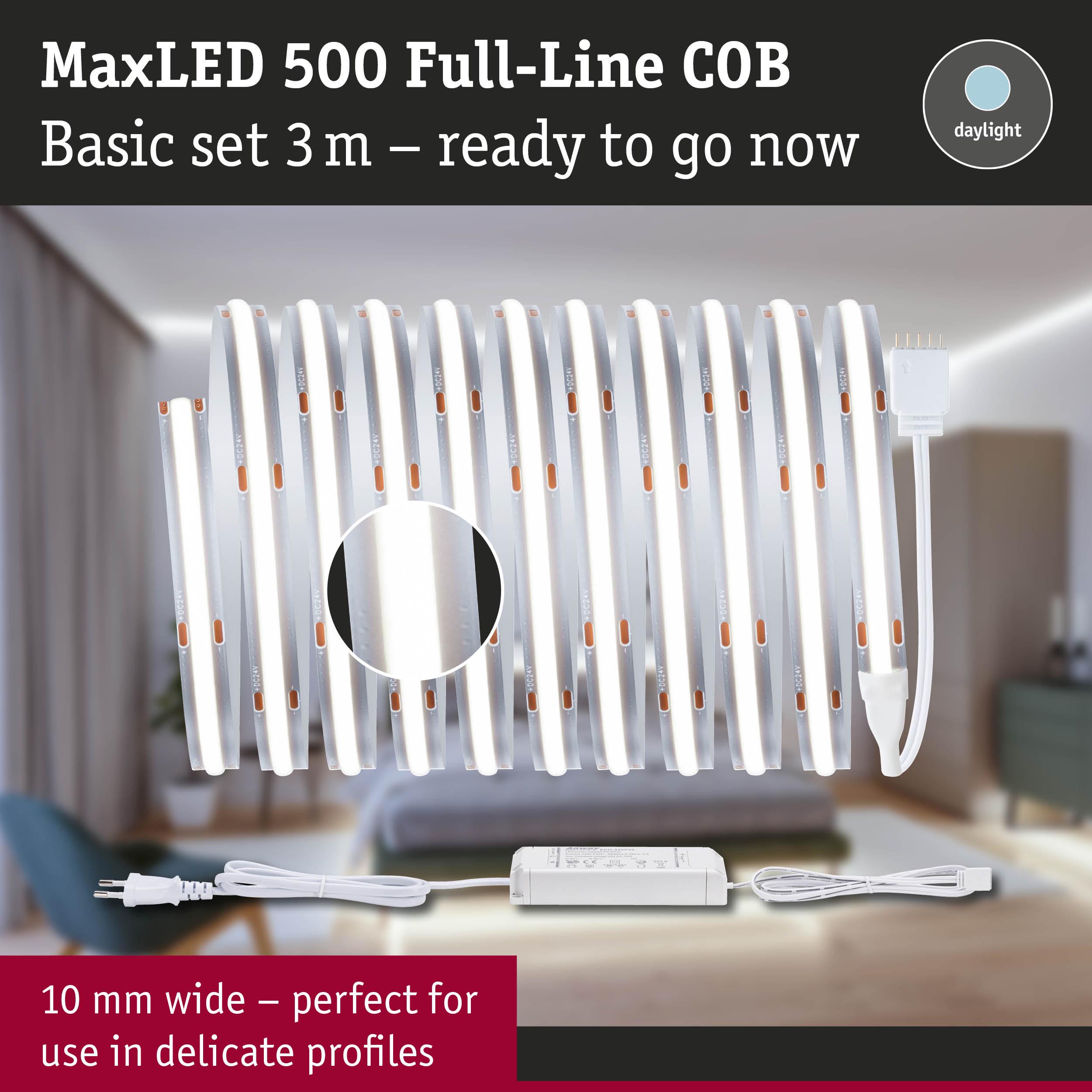 MaxLED 500 Full-Line COB 3m white LED strip with power supply, perfect for delicate lighting profiles