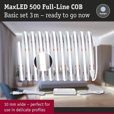 MaxLED 500 Full-Line COB 3m white LED strip with power supply, perfect for delicate lighting profiles