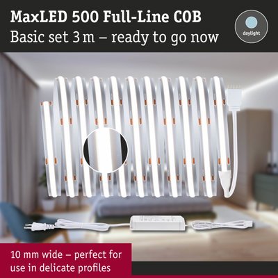 MaxLED 500 Full-Line COB 3m white LED strip with power supply for delicate profiles in daylight colour