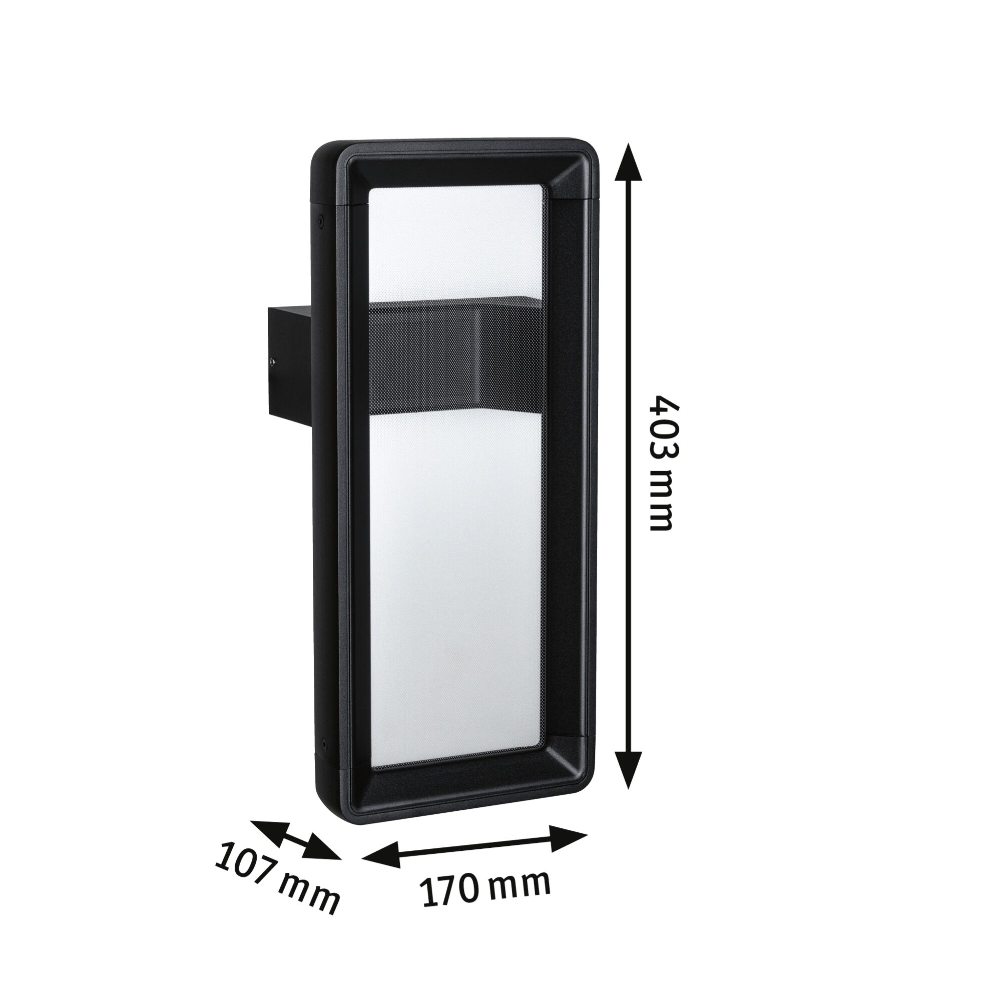 Sort rektangulær udendørs væglampe i metal med frostet glas, mål 403x170x107 mm