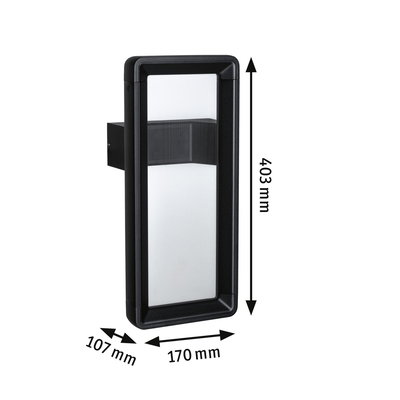 Sort rektangulær udendørs væglampe i metal med frostet glas, mål 403x170x107 mm
