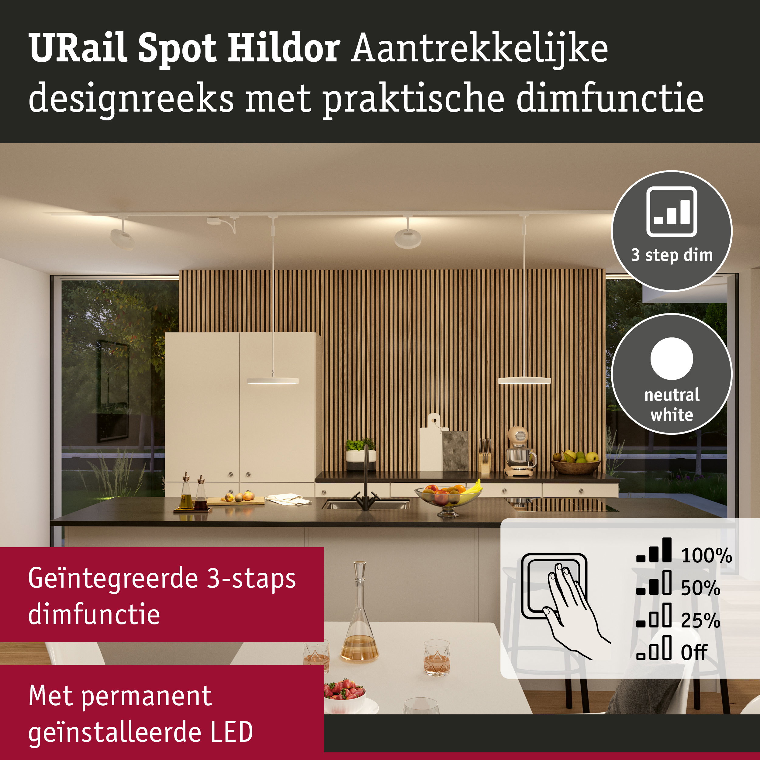 Moderne witte URail Spot Hildor LED-plafondlamp met 3-staps dimfunctie voor keukenverlichting