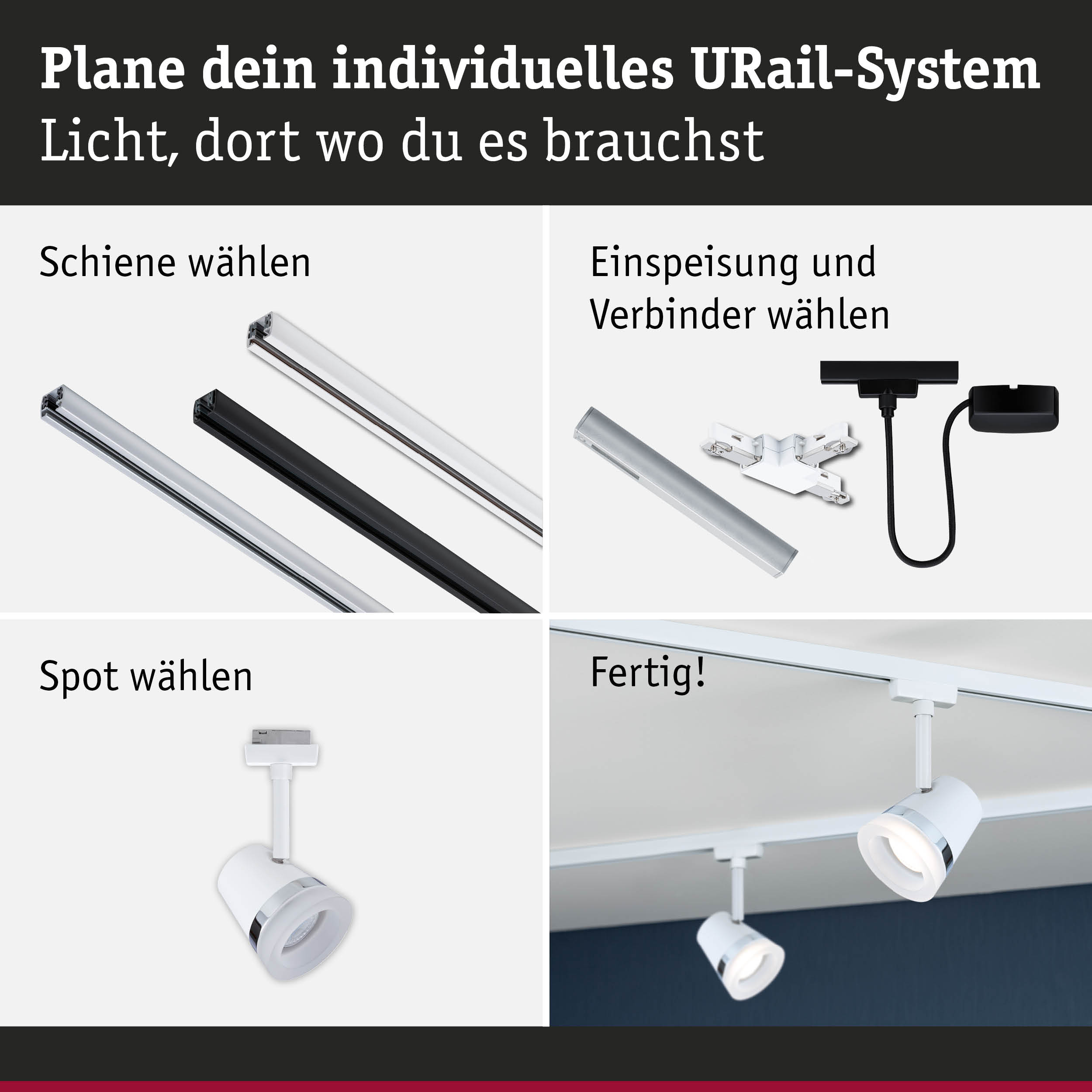 Modulares URail-Schienensystem mit weißen und schwarzen Schienen, Steckern und weißen Spots für flexible Beleuchtung
