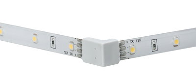 White LED strip with 90-degree connector for flexible 12V DC lighting applications