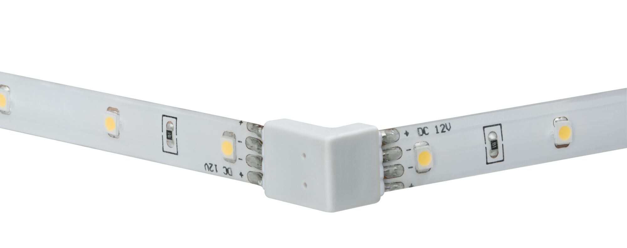 Hvid LED-stribe med 90 graders forbindelse til fleksibel 12V DC belysning