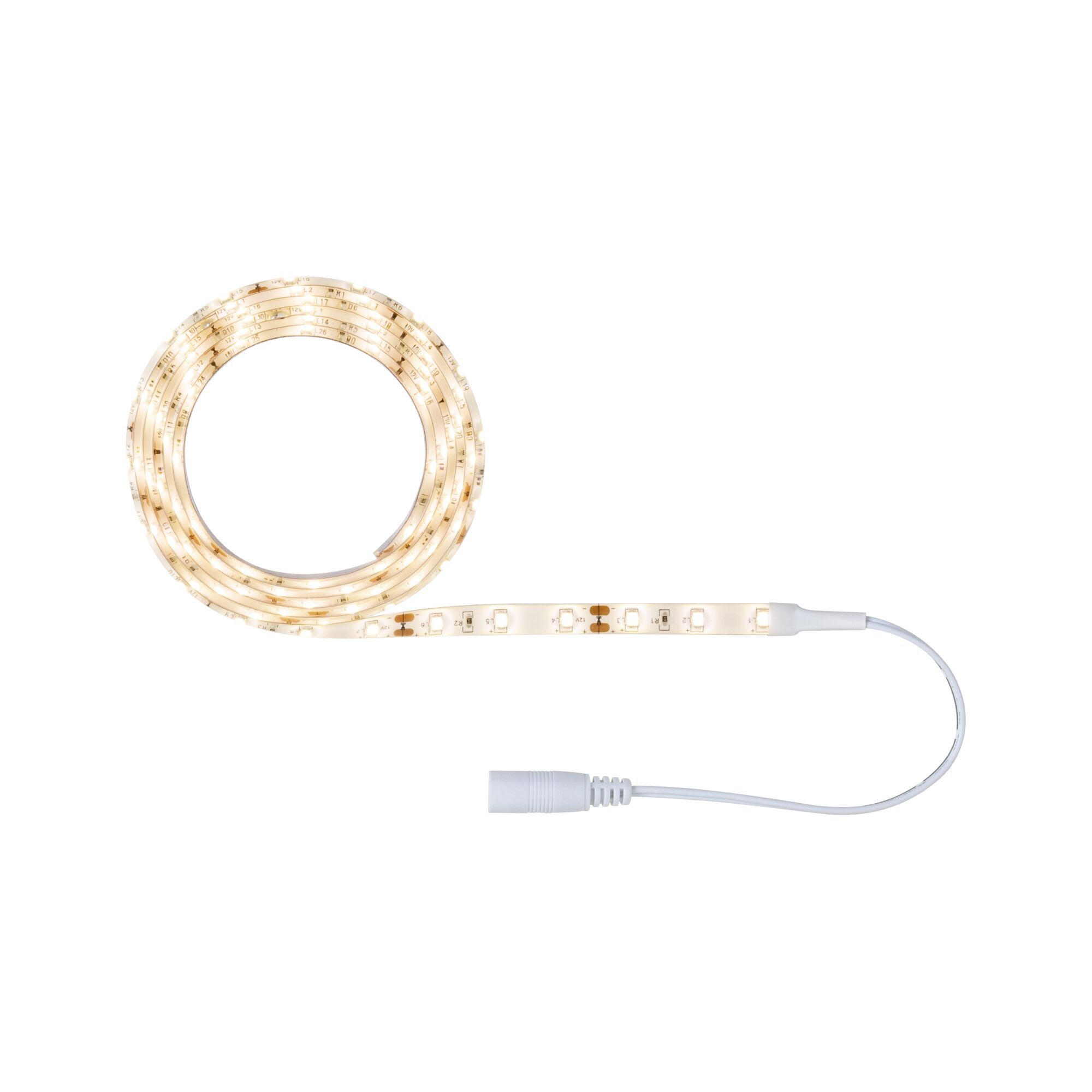 Warm white LED strip light with flexible plastic tape and white connector cable for decorative lighting