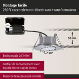Spot encastrable gris 55 mm de profondeur, inclinaison 30°, raccordement direct 230 V sans transformateur