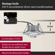 Spot encastré gris de 55 mm de profondeur et inclinaison de 30°, boîtier de raccordement 230 V sans transformateur