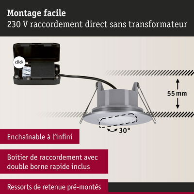 Spot encastrable gris 55 mm de profondeur, inclinaison 30°, raccordement direct 230 V sans transformateur