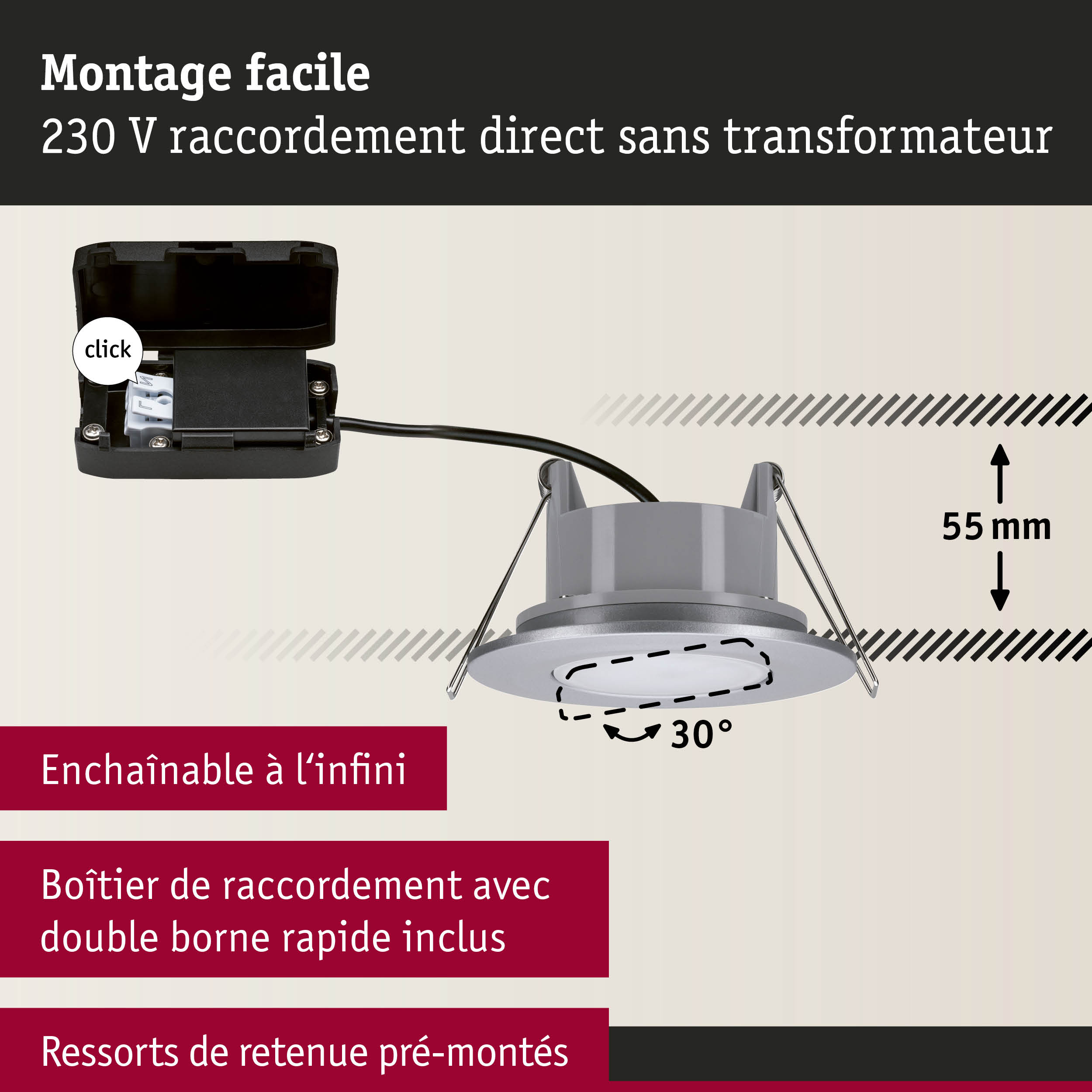 Spot encastré gris de 55 mm de profondeur et inclinaison de 30°, boîtier de raccordement 230 V sans transformateur