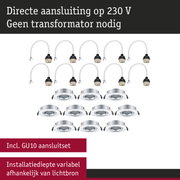 Set met witte GU10 aansluitkabels en zilveren inbouwspots voor 230V directe aansluiting zonder transformator