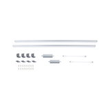 To hvide LED-strips med monteringsclips, stikforbindelser og skruer til fleksibel belysning