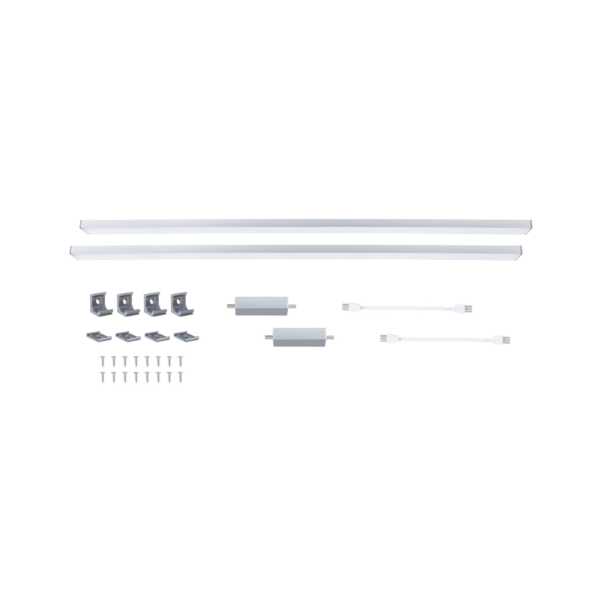 Zwei weiße LED-Leisten mit Montageclips, Steckverbindern und Schrauben für flexible Lichtinstallation