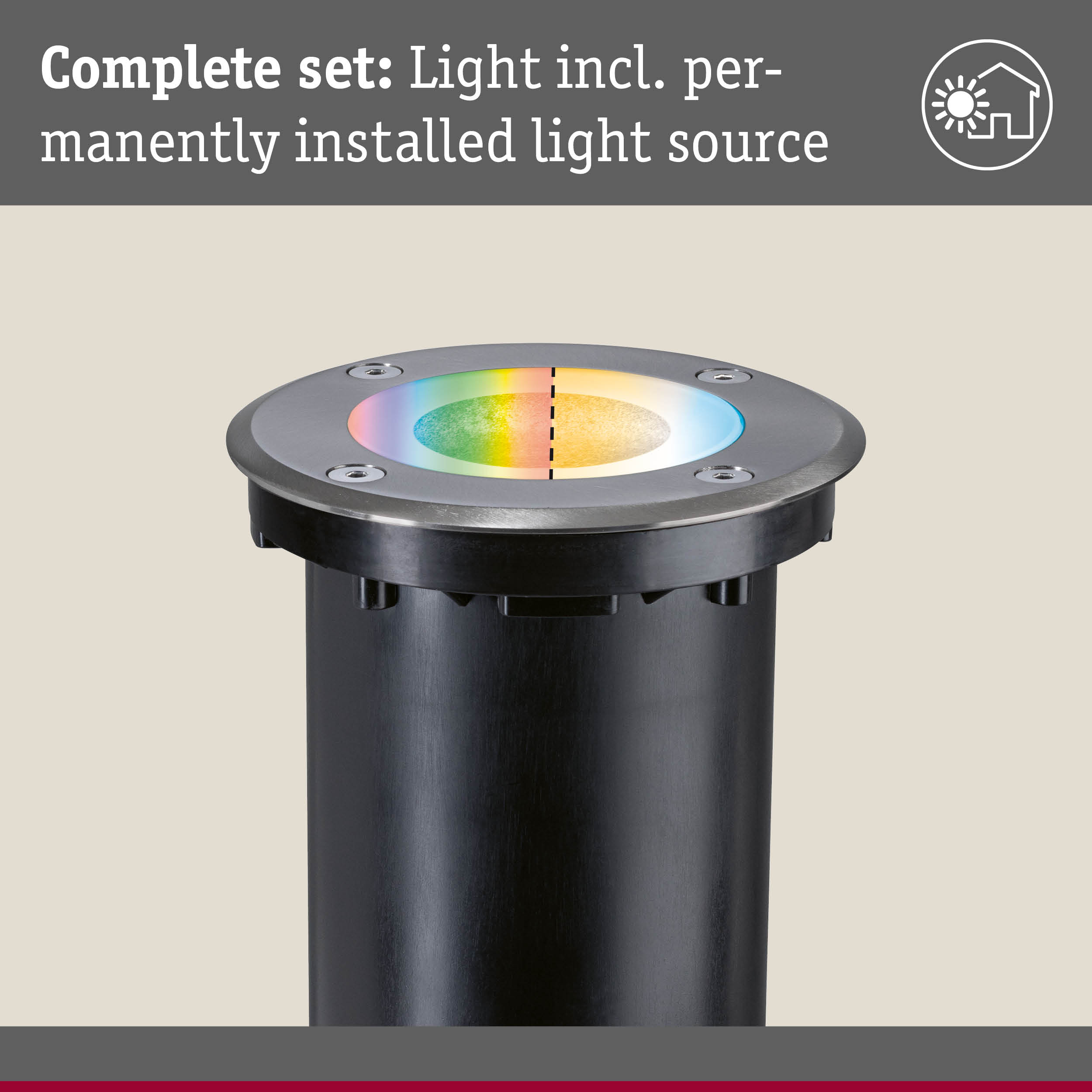 Round black recessed floor light with stainless steel trim and RGB LED light source for outdoor lighting