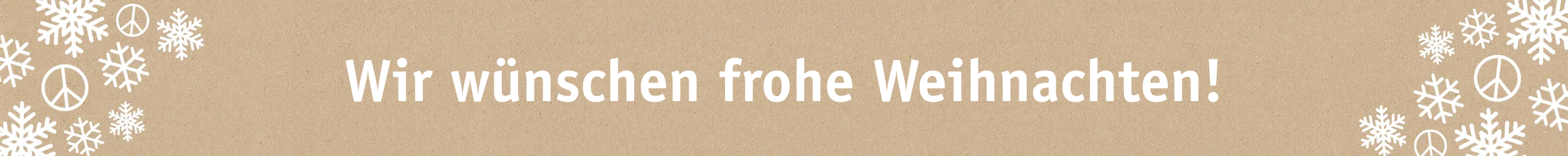 Weihnachtsgruß auf braunem Hintergrund mit weißen Schneeflocken und Friedenszeichen dekoriert