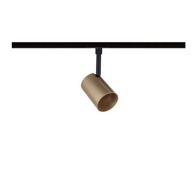 Modern gold aluminium spotlight on black rail for adjustable room lighting and interior design