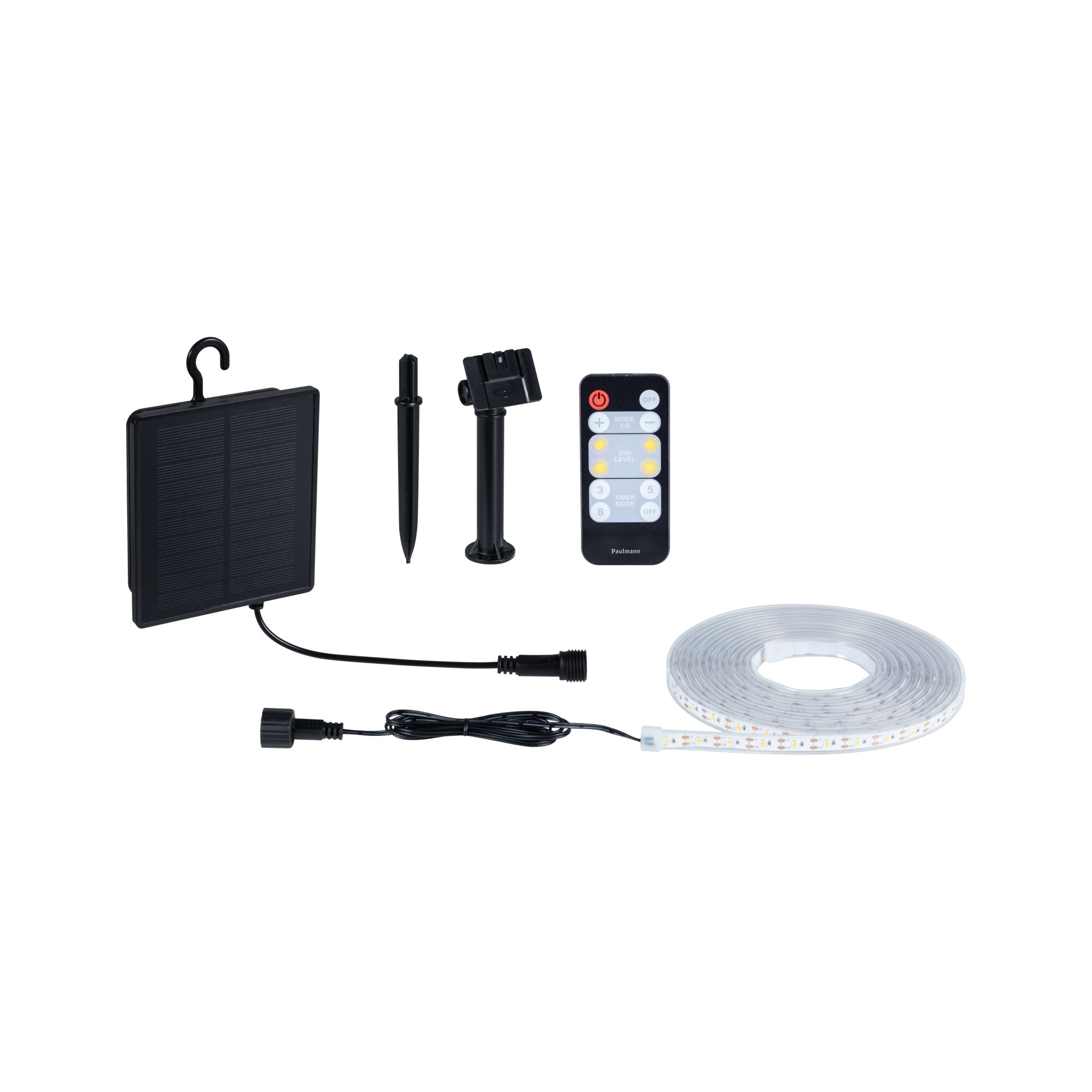 Black solar panel with LED strip, ground stake, and remote control for outdoor lighting.