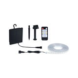 Black solar panel with LED strip, ground stake, and remote control for outdoor lighting.