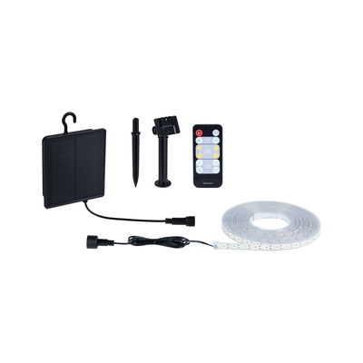 Black solar panel with LED strip, ground stake, and remote control for outdoor lighting.