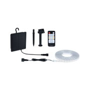 Black solar panel with LED strip, ground stake, and remote control for outdoor lighting.