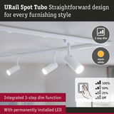 White URail Spot Tubo LED spotlight with 3-step dimming and warm white light mounted on ceiling