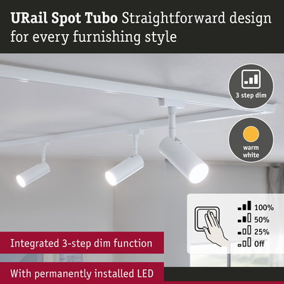 White URail Spot Tubo LED spotlight with 3-step dimming and warm white light mounted on ceiling