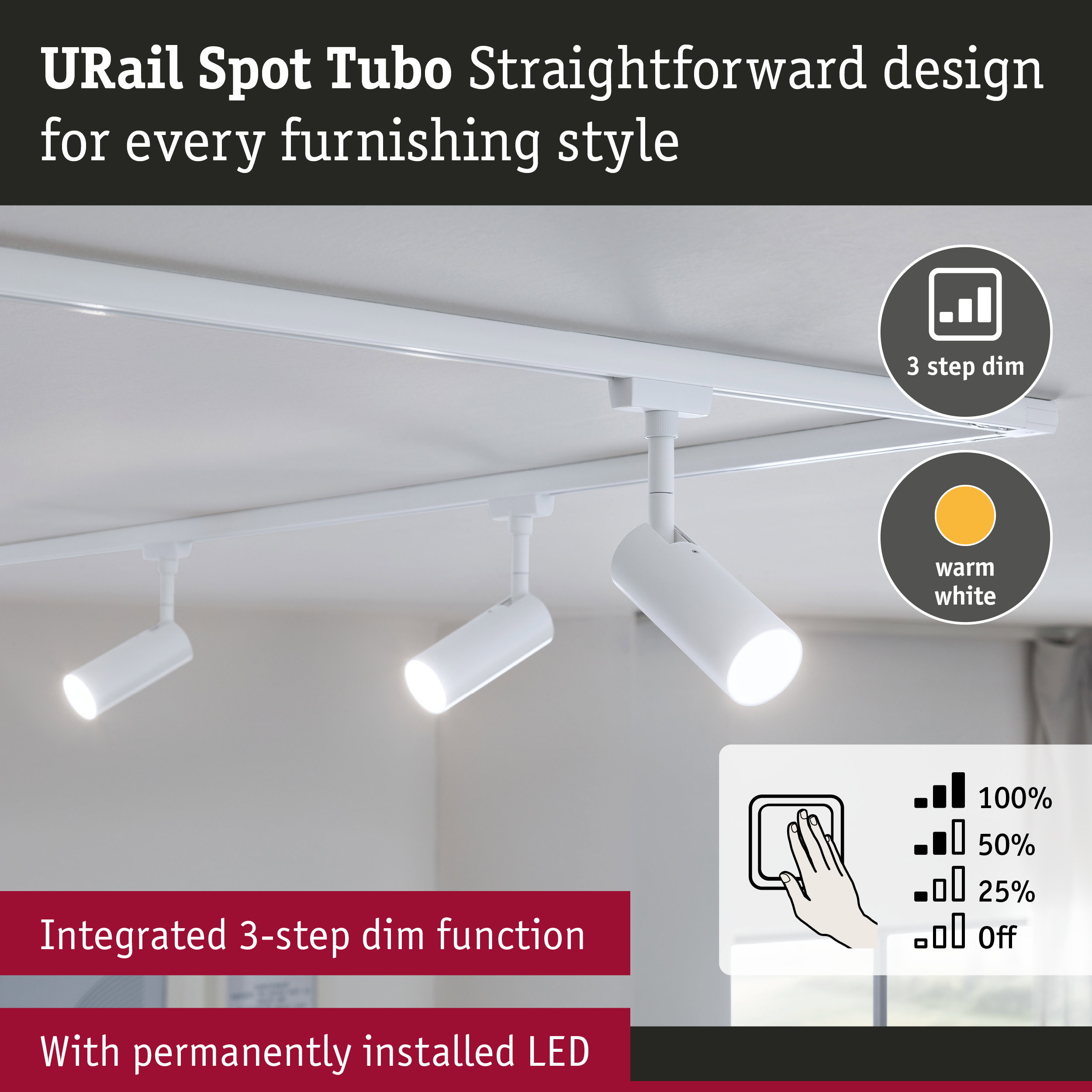 White URail Spot Tubo LED ceiling light with integrated 3-step dim function and sleek design