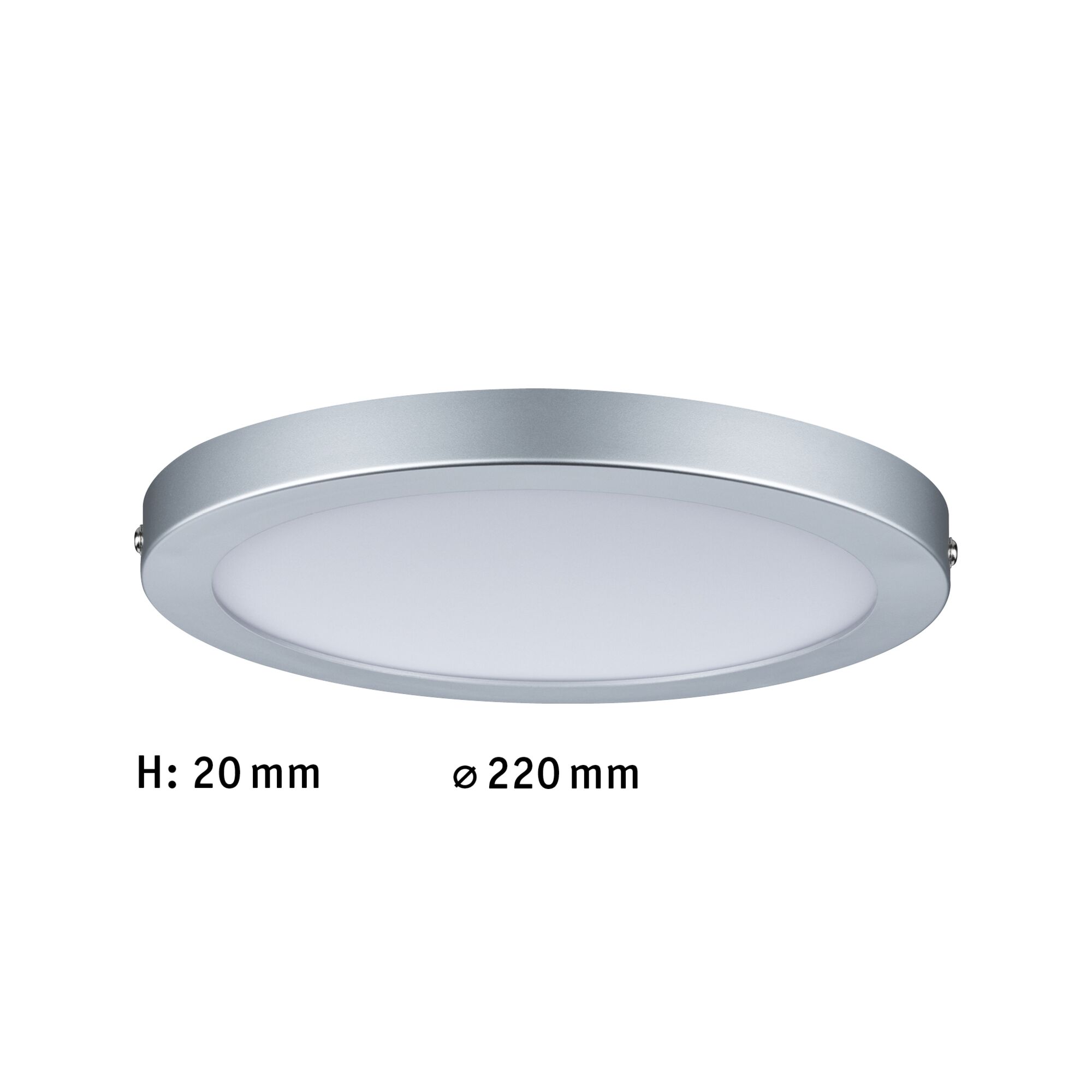 Flache runde LED-Deckenleuchte aus silbernem Aluminium mit 220 mm Durchmesser und 20 mm Höhe