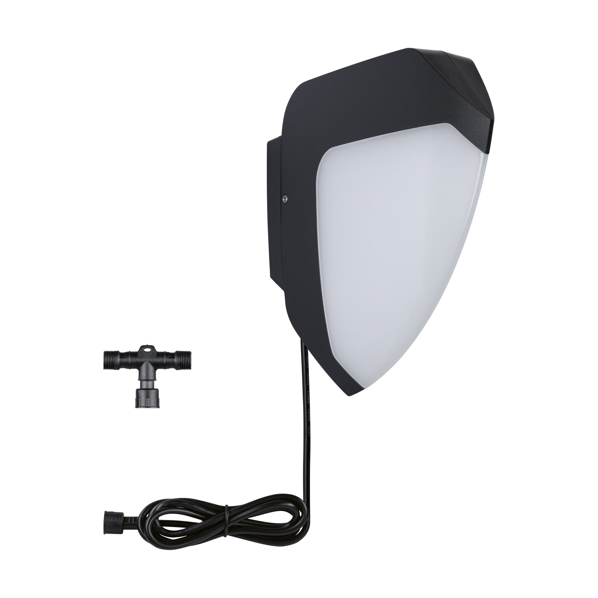 Black outdoor wall light with white diffuser and cable, including T-connector for garden lighting
