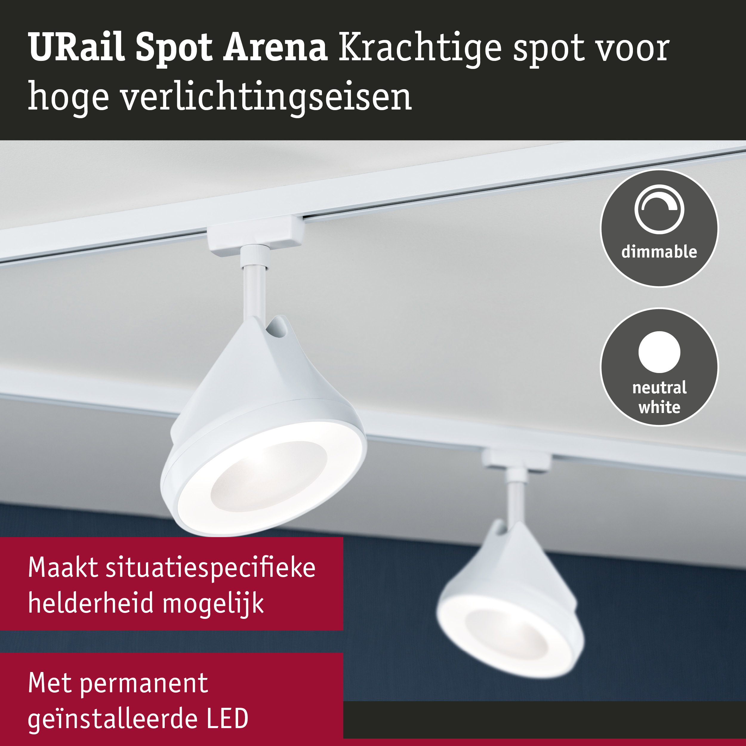 Witte URail Spot Arena LED-spot met dimbare neutraalwitte verlichting aan railsysteem