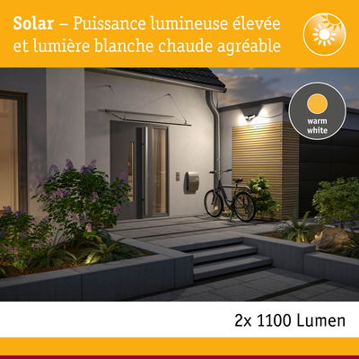 Éclairage solaire extérieur haute puissance avec lumière blanc chaud, 2x 1100 lumens pour façade