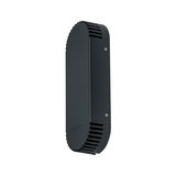 Black aluminum wall light with ventilation slots and rounded edges for modern indoor lighting