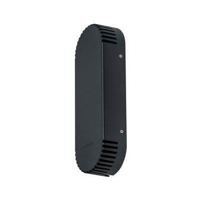 Black aluminum wall light with ventilation slots and rounded edges for modern indoor lighting