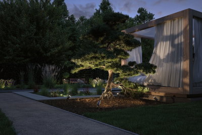 Jardin avec bonsaï éclairé et pavillon en bois moderne avec rideaux blancs au crépuscule