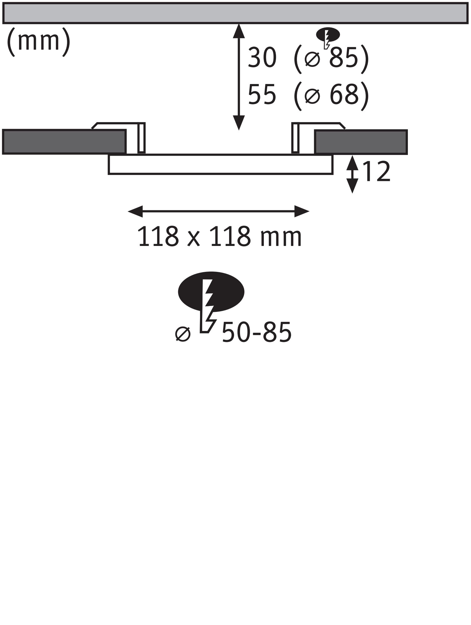 Technische Zeichnung mit Maßen 118x118 mm, Einbautiefe 12 mm, Durchmesser 50-85 mm für Einbauleuchte