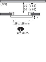 Technische Zeichnung mit Maßen 118x118 mm, Einbautiefe 12 mm, Durchmesser 50-85 mm für Einbauleuchte