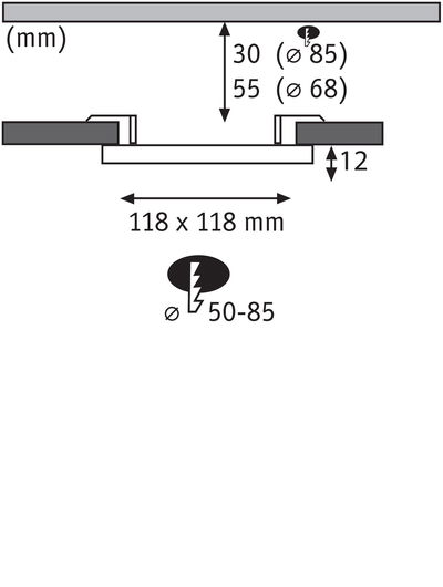 Technische Zeichnung mit Maßen 118x118 mm, Einbautiefe 12 mm, Durchmesser 50-85 mm für Einbauleuchte