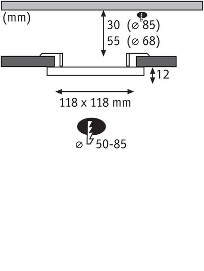 Technische Zeichnung mit Maßen 118x118 mm, Einbautiefe 12 mm, Durchmesser 50-85 mm für Einbauleuchte