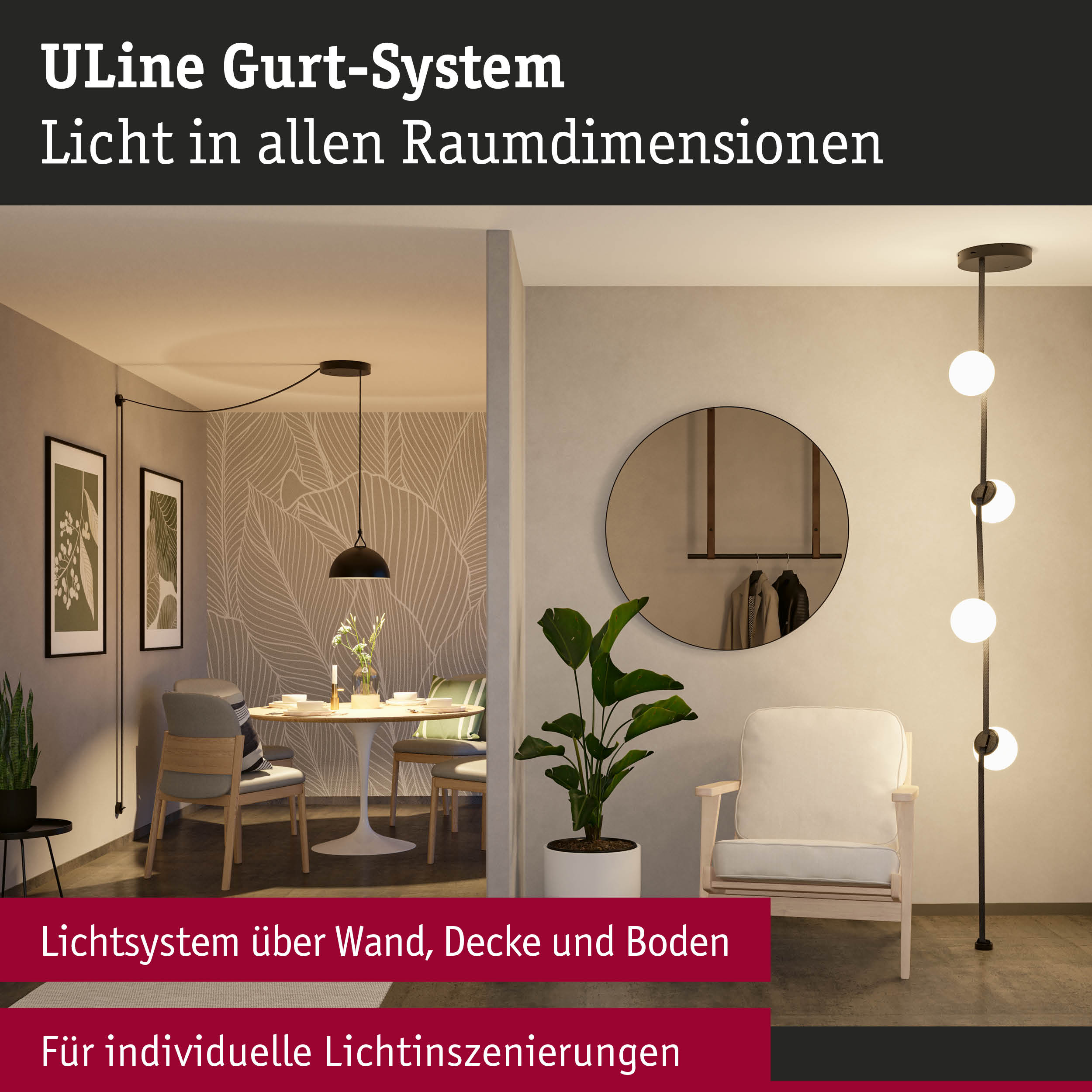 Modernes Wohnzimmer mit ULine Gurt-System Licht in warmweißer Farbe für individuelle Lichtinszenierungen
